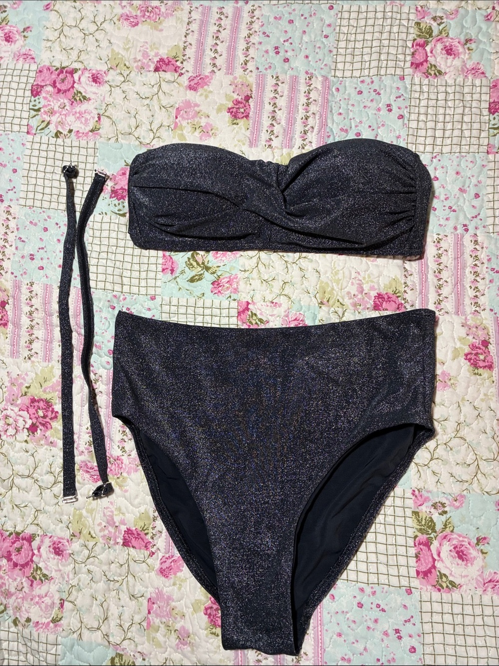 Lands' End Shimmery Black Bandeau Bikini Top